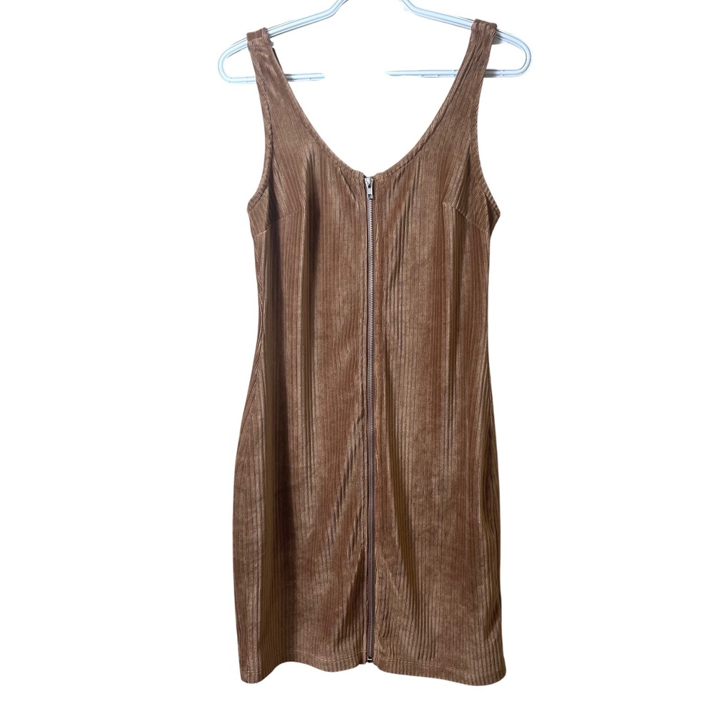 No Boundaries Brown Ribbed Velvet Zip Front Mini Dress Size M 7-9 90s Retro Boho